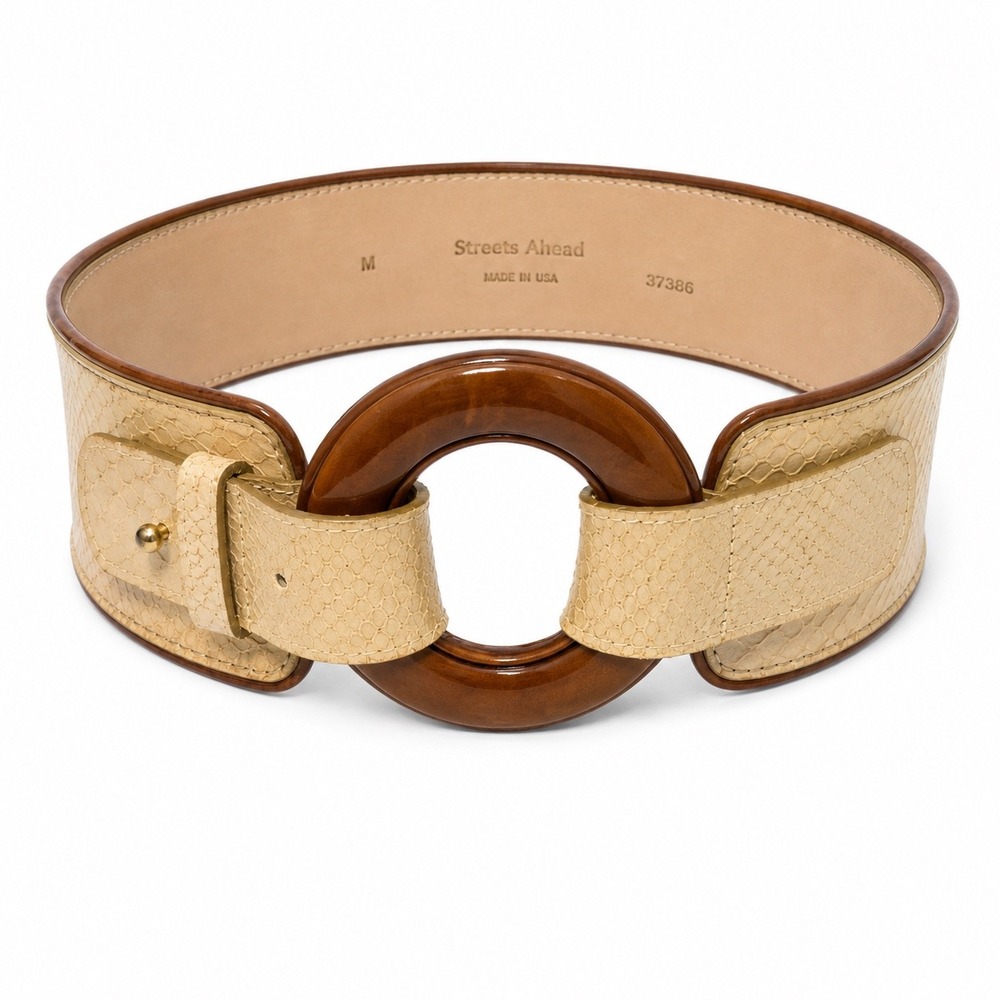 Streets Ahead Womens Snakeskin Embossed Leather Wide Waist Belt Wood Buckle M